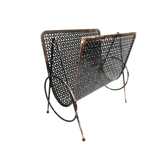 Vintage Other - Vintage MCM Metal Magazine Rack Retro Vinyl Record Storage Black Cutout Metal